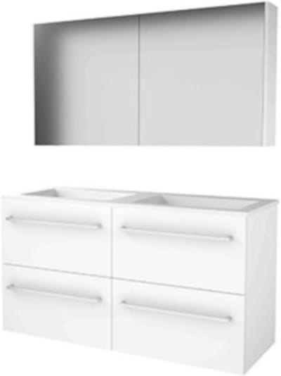 Basic-Line Comfort 46 Badkamermeubelset - 120 x 46 cm - Met Grepen - 4 Lades - Acryl Wastafel - Zonder Kraangat - Spiegelkast - Ice White