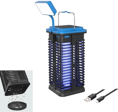 KZQ Draagbare zonne-energie muggenlamp met UV-licht en LED-lamp - Oplaadbaar via USB-C en zonne-energie - Tegen muggen en vliegen voor terras tuin en kamperen - Blauw