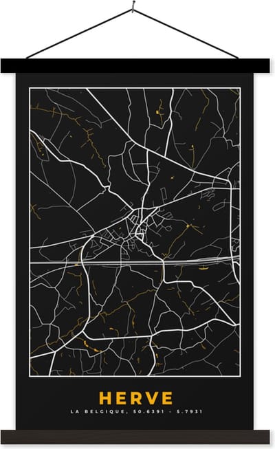 Posterhanger incl. Poster 40x60 cm - Schoolplaat - Herve - Stadskaart - Plattegrond - Goud - Kaart - Textielposter - Zwarte latten - Stadskaart