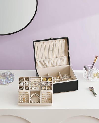 Sieradendoos 2 lagen sieradenorganizer-handvat-verwijderbare sieradenbak-opbergdoos zwevend effect 205x24x11cm cadeau-idee zwart JBC165B01