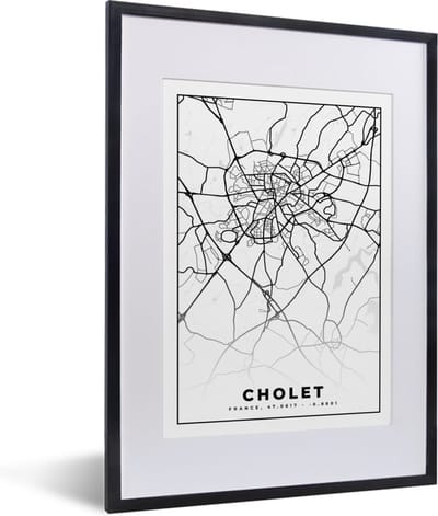 Fotolijst incl. Poster Zwart Wit- Kaart - Plattegrond - Frankrijk - Cholet - Stadskaart - Zwart wit - 30x40 cm - Posterlijst