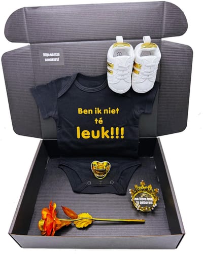 Kraamcadeau Ben ik niet té leuk - kraamkado unisex - babyshower - kan ook rechtstreeks worden opgestuurd als cadeau - kraampakket - romper - babysneakers