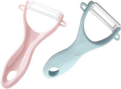 Groenteschiller - Keramische dunschiller - Met keramisch mes - Voor fruit, aardappelen, groenten - Set van 2 - Roze/Blauw - 13*6 cm