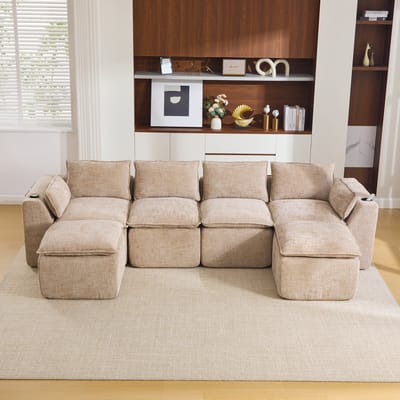 OKWISH Hoekbank 322 x 161 cm - Modulair 4-Zits Met Voetbanken En Opbergvakken - Woonkamer - Chenille - Khaki