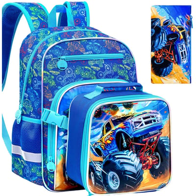 Boekentas voor Kinderen Jongens, 3-delige Rugzakset met Clip-on Lunchbox, Vrachtwagen Schooltas voor Basisschool Peuters blue