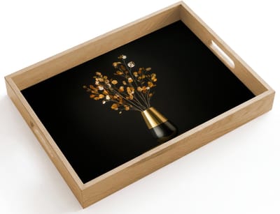 Dienblad hout 40x30 cm - Schootdienblad - Goudbruine - Bladeren - Vaas - Herfstachtig - Borrelplank rechthoek - Plateau dienbladen