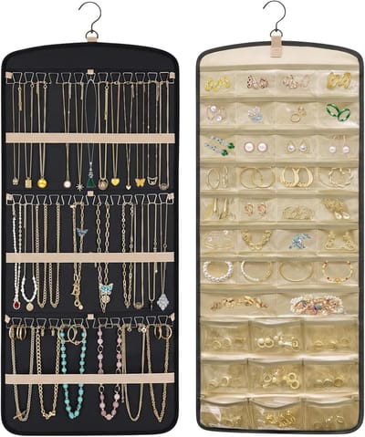 Dubbelzijdige sieraden organizer hangend, hangende sieraden organizer, sieradenrol met metalen haken, 39 vakken en 3 golfvormige haken, dubbelzijdige grote sieradenhouder voor oorbellen