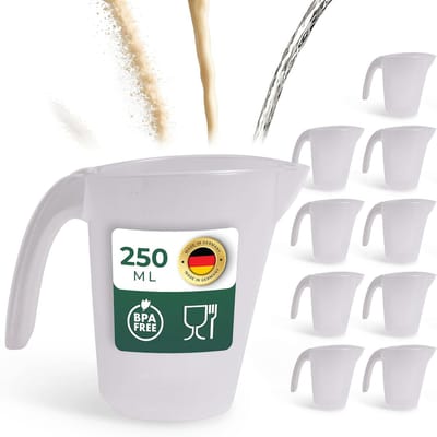Novaliv Value Set 10x Maatbekers 250ml, Transparante Maatbekerset met Duidelijke g/ml Schaal voor Vloeistoffen Bloem & Suiker, Gemaakt in Duitsland, Vaatwasserbestendig, Mengkom Doseerbeker Maatbeker