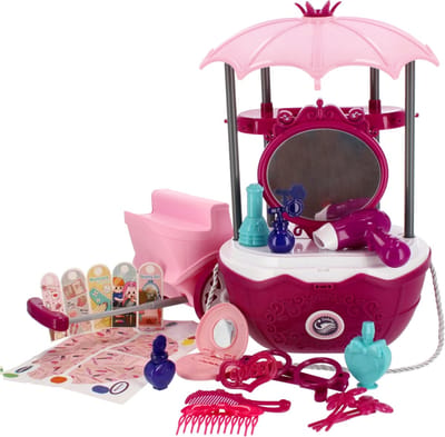 Ariko Speelgoed trolley Schoonheid salon 31 delig - Fohn, spiegel, make-up, parfum en nog veel meer - handige meeneem koffer met wieltjes