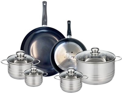 Set van 2 Koekenpannen 24 en 32 cm en 4 kookpotten 12, 14, 16 en 24 cm Elo Prima Glanzend