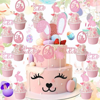 Dailygoods- Taartdecoratie 17 Stuks - Konijn Cupcake Toppers - Herbruikbare Paastaartdecoratie - Bunny Oren - Veilig en Betrouwbaar - Felle Kleuren - Taartversiering