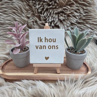 Robuust Wenstegeltje Ik Hou van Ons – Hip trendy tegeltje – 10x10 cm – Cadeau voor Partner, Valentijn of Jubileum – Stijlvol en Persoonlijk Woonaccessoire - Zomaar - Voor jezelf – Trendy nu – Decoratief Tegeltje met Standaard – Cadeau Idee