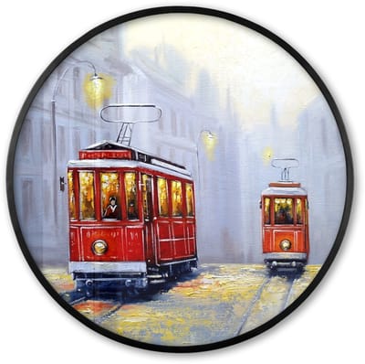 Poster in lijst Rond - Fotolijst 60x60 cm - Posters - Schilderij - Tram - Stad - Olieverf - Ronde posterlijst zwart - Decoratie - Wanddecoratie woonkamer - Muurdecoratie slaapkamer