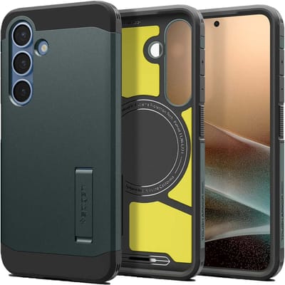 Spigen Tough Armor Hoesje Geschikt voor Samsung Galaxy S25 | Compatibel met MagSafe en Qi2 | Back Cover Militaire Standaard | Kickstand | Groen