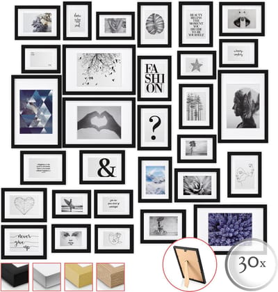 bomoe Emotion Set van 30 Fotolijsten Houten Frames - kunststof glas - 10x 10,5x15cm / 15x 13x18cm / 5x 20x30cm - Metalen Ophanging - Standaard & Passepartout - Zwart