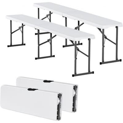 VEVOR kunststof opvouwbare bank, 1,83 m draagbare opvouwbare bank, gladde waterdichte HDPE buitenbank, picknick- en kampeerstoel met draaggreep, voor leuke activiteiten zoals voetbal in de tuin, wit (2 stuks)