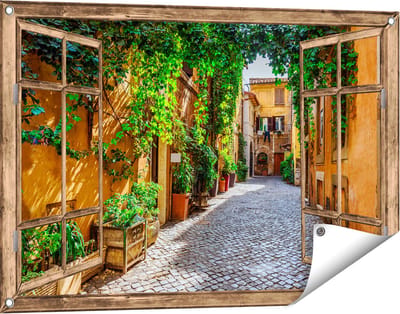 Gards Tuinposter Doorkijk Straatje in Rome met Groene Planten - 90x60 cm - Tuindoek - Tuindecoratie - Wanddecoratie buiten - Tuinschilderij