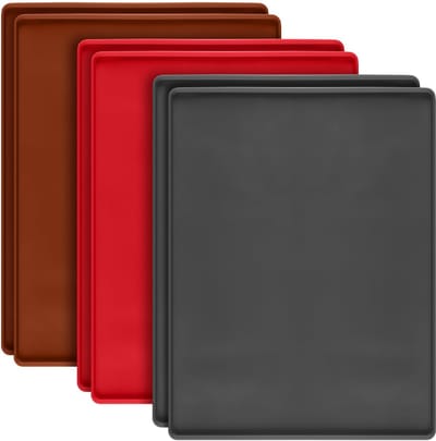 6 stuks siliconen matten met rand, 40 x 30 x 0,9 cm, siliconen bakmat met rand, voermat rood, bruin en grijs, bakmat voor bakken en koken