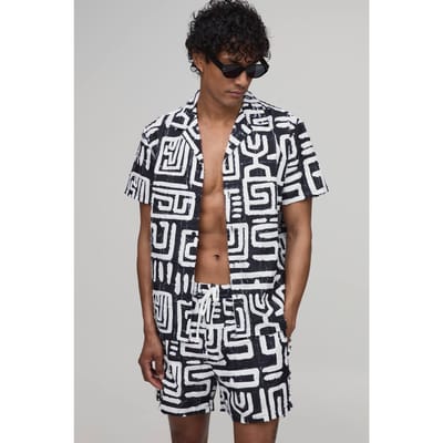 Getextureerd Geometrisch Bedrukt Regular Shirt & Relaxed Short Set | Black | Size XL