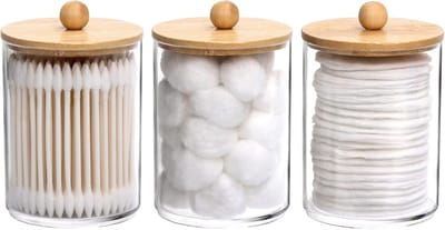 Transparante Opbergpot - 3-Delig - Met Houten Deksel - Voor Wattenbollen En Wattenstaafjes - Badkamer Organizer - Stapelbaar En Stofdicht