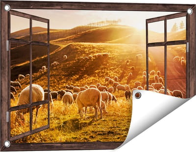 Gards Tuinposter Doorkijk Schapen in de Heuvels bij Zonsondergang - 60x40 cm - Tuindoek - Tuindecoratie - Wanddecoratie buiten - Tuinschilderij
