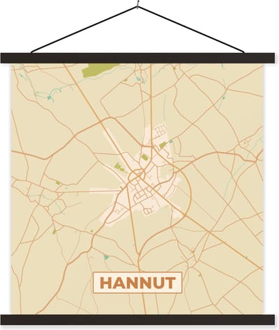 Posterhanger incl. Poster 60x60 cm - Schoolplaat - Hannuit - Plattegrond - Stadskaart - Kaart - Vintage - Textielposter - Zwarte latten - Stadskaart