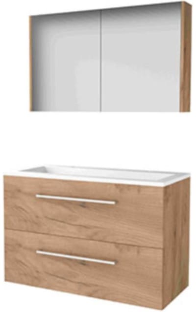 Basic-Line Comfort 46 Badkamermeubelset - 100 x 46 cm - Met Grepen - 2 Lades - Acryl Wastafel - 2 Kraangaten - Spiegelkast - Whisky Oak