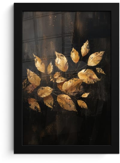 Poster in lijst - Fotolijst 20x30 cm - Posters - Gouden Bladeren op Donkere Achtergrond - Posterlijst zwart - Decoratie - Wanddecoratie woonkamer - Muurdecoratie slaapkamer