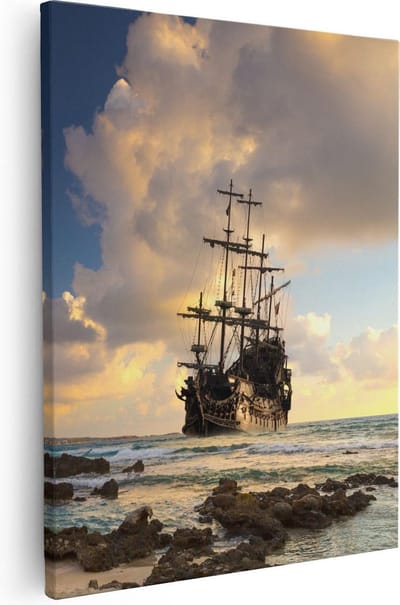Artaza Canvas Schilderij Zeilschip - 40x50 cm - Wanddecoratie Zonsondergang - Muurdecoratie Strand Zee - Kamer Accessoires Woonkamer
