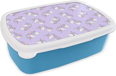 Broodtrommel Blauw - Lunchbox - Brooddoos - Eenhoorn - Pastel - Patronen - 18x12x6 cm - Kinderen - Jongen