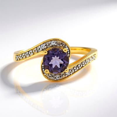 Cavill - Zilveren Ring Geel Verguld - Bosbes Kwarts 0,693 ct Rond geslepen - Cambodjaanse Zirkonen 0,027 ct - Elegante Damesring - Luxe Kristal Ring