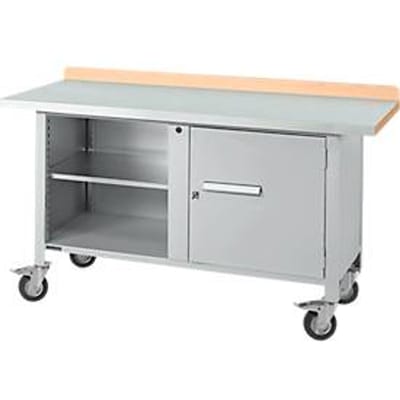Verrijdbare werkbank Schäfer Shop Select PWi 150-1, beuken decor multiplex blad, met stalen afdekking, tot 400 kg, B 1500 x D 700 x H 840 mm
