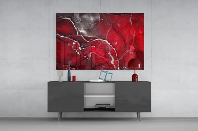 Glasschilderij – Abstract Art Rood en Zilver – Luxe Design voor Woonkamer of Kantoor - 72x46 cm