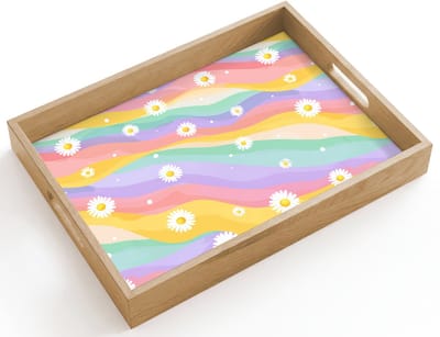 Dienblad hout 40x30 cm - Schootdienblad - Madeliefjes - Kleurrijk - Pastel - Borrelplank rechthoek - Plateau dienbladen