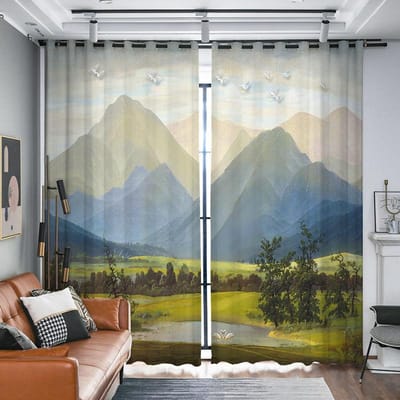 2 panelen gordijnen met natuurscène, bedrukt met bloemen en bomen voor diverse ramen in huis, met ringen aan de bovenkant, gordijnen voor de slaapkamer Milled cotton fabric&Grommet Top