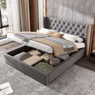 YEHTOKHOME Oorvormig gestoffeerd bed, Fluweel tweepersoonsbed 140x190 cm, met hydraulische hendel en opbergruimte, klinknagels decoratie, grijs (zonder matras)