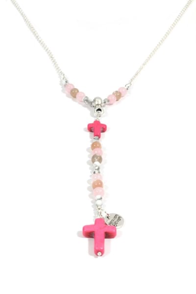 Heaven Eleven - edelstaal RVS schakelketting - rozenkwarts matte - roze kruisje - Rozenkrans- 100cm