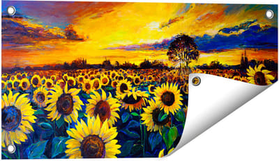 Gards Tuinposter Getekende Zonnebloemen Veld met Olieverf - 60x30 cm - Tuindoek - Tuindecoratie - Wanddecoratie buiten - Tuinschilderij