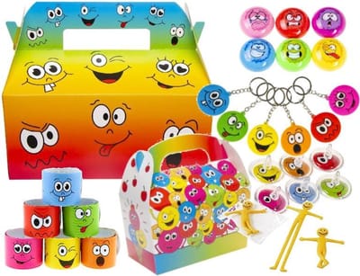 12x Exclusieve Lachgezicht Traktatie Party set: Menubox + Traktatiedoosje + 5x Uitdeelcadeautje : Tolletje, klaparmband, Sleutelhanger, window walker en stretchy poppetje - Totaal 84 items voor 12 kinderen! Leuk voor verjaardag of kinderfeestje
