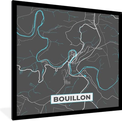 Fotolijst incl. Poster - Plattegrond – Bouillon – Blauw – Stadskaart - Kaart - België - 40x40 cm - Posterlijst