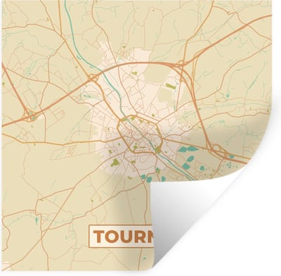 Muurstickers - Sticker Folie - Retro - Tournai - Plattegrond - Stadskaart - Kaart - 100x100 cm - Plakfolie - Muurstickers Kinderkamer - Zelfklevend Behang XXL - Zelfklevend behangpapier - Stickerfolie