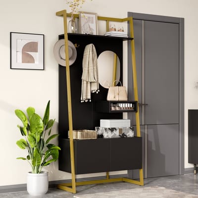 MODENUIT Garderobekast - Spiegel En Haken - Hal Met Schoenkast En Open Vakken - MDF En Metaal - 78x38,5x180,5 Cm