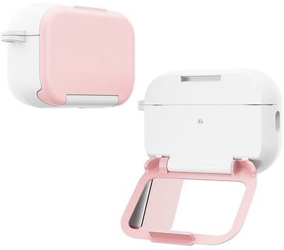 Telestore - Hoesje geschikte voor AirPods Pro 3 - TPU hybride hoesje Beschermhoes - hoesje met spiegel AirPods Pro 3 Cover - AirPods Pro 3 Hoesje - Geschikt voor Apple Airpods Pro 3 - roze wit - hard cover met make up spiegel - sleutelhanger
