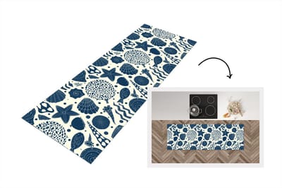 Keukenloper - Loper keuken - Schelpen - Strand - Blauw - Patroon - 150x50 cm - Keukenloper vinyl