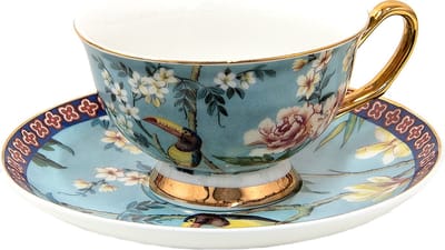 Clayre & Eef Kop en Schotel 200 ml Blauw Goudkleurig Porselein Vogels