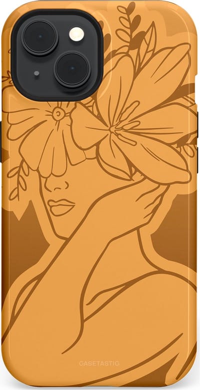 Casetastic hoesje geschikt voor Apple iPhone 15 - MagSafe - Dubbellaagse bescherming - Botanische Elegantie - Fashion Case - Goud Bruin Terracotta
