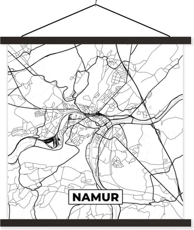 Posterhanger incl. Poster 60x60 cm - Schoolplaat - Stadskaart – Plattegrond – België – Zwart Wit – Namur – Kaart - Textielposter - Zwarte latten - Stadskaart