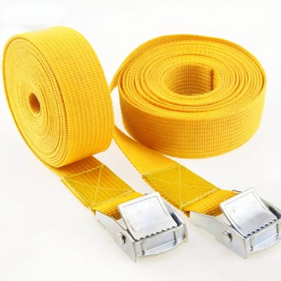 Set van twee spanbanden, 25 mm x 2,5 m, met gespen, geschikt voor vrachtwagens, motorfietsen en aanverwante ladingen, Geel.