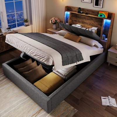 MEUNIQ gestoffeerd bed 90x200 cm met LED-verlichting, USB en USB-C, opbergruimte in hoofdbord en onder bed, bedframe zonder matras voor slaapkamer, grijs