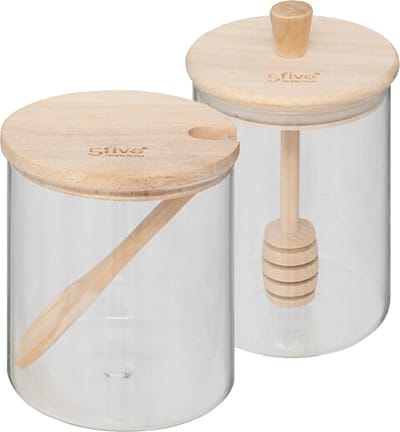 Five suiker- en honingpot set - 400 ml - glas/bamboe - transparant - inclusief lepel